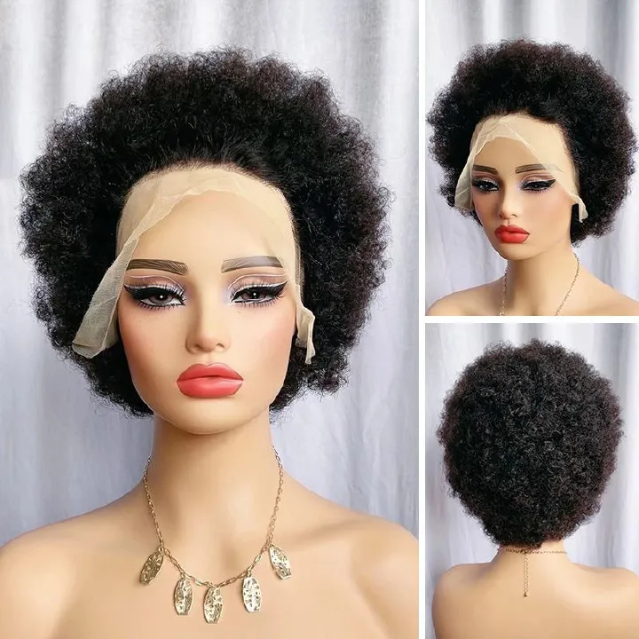 Short Afro Curly Human Hair Wig for Black Women – Kinky Curly Lace Front Wig, Natural Full Hair Look, Fluffy and Voluminous Bob Style