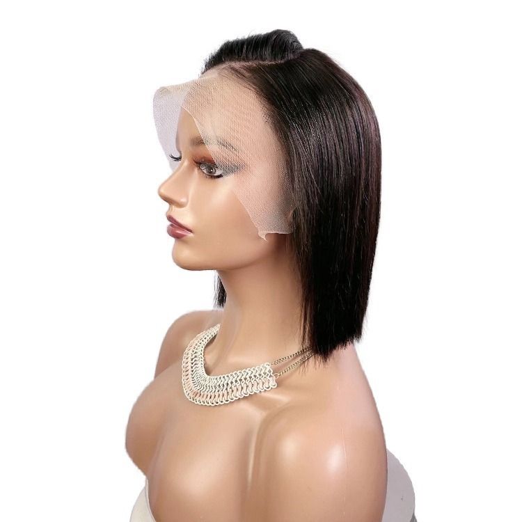 13x4 Lace Front Human Hair Wig – Short Bob Straight Wig with C-Part, Natural Black, Side Part Glueless Wig for Black Women