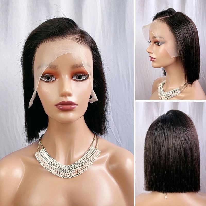 13x4 Lace Front Human Hair Wig – Short Bob Straight Wig with C-Part, Natural Black, Side Part Glueless Wig for Black Women