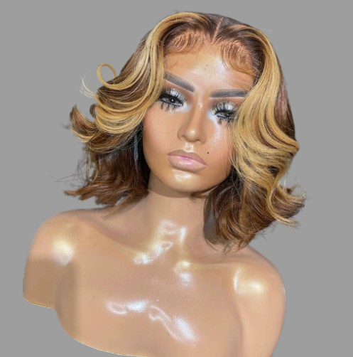 Brown with Blonde Highlight Bob Wig – 100% Human Hair – Short Straight Bob for Women – Glueless, Natural Look – Stylish Wig for Kenya Beauty