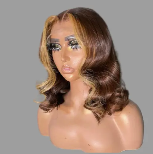 Brown with Blonde Highlight Bob Wig – 100% Human Hair – Short Straight Bob for Women – Glueless, Natural Look – Stylish Wig for Kenya Beauty