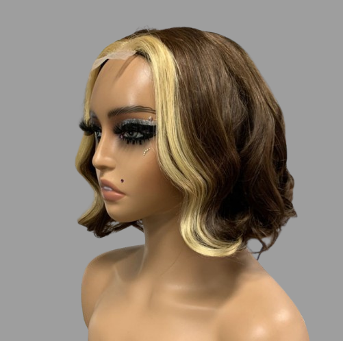 Brown with Blonde Highlight Bob Wig – 100% Human Hair – Short Straight Bob for Women – Glueless, Natural Look – Stylish Wig for Kenya Beauty