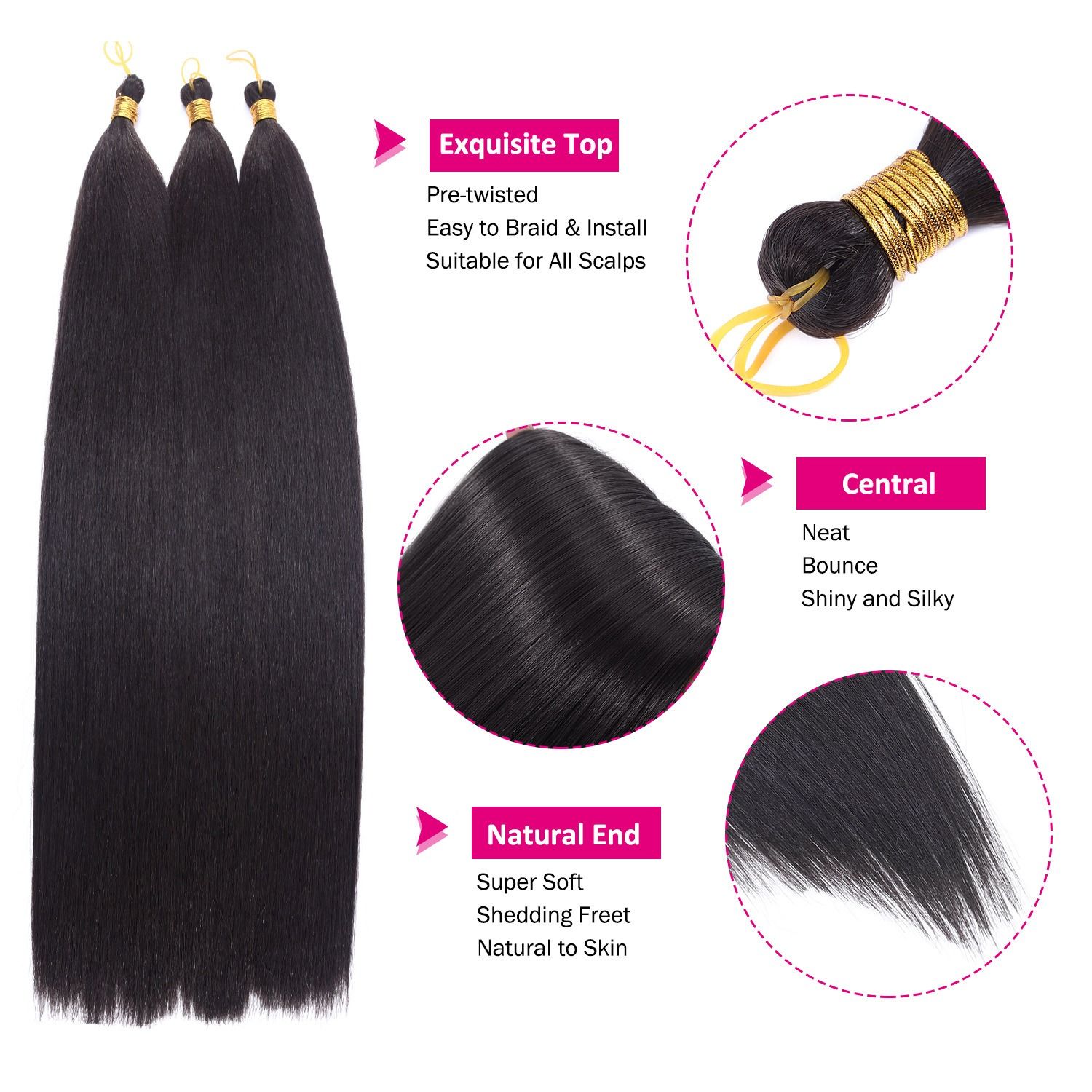 Bone Straight Bulk Hair – 24 Inch High Temperature Fiber Synthetic Straight Hair for Braiding & Wig Making