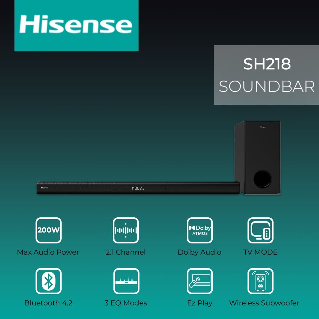 Hisense HS1800 (2.1 ch, 140 W)

Price:

Description: Compact powerhouse – 2.1-channel output with a wireless subwoofer, HDMI ARC, Bluetooth streamin
