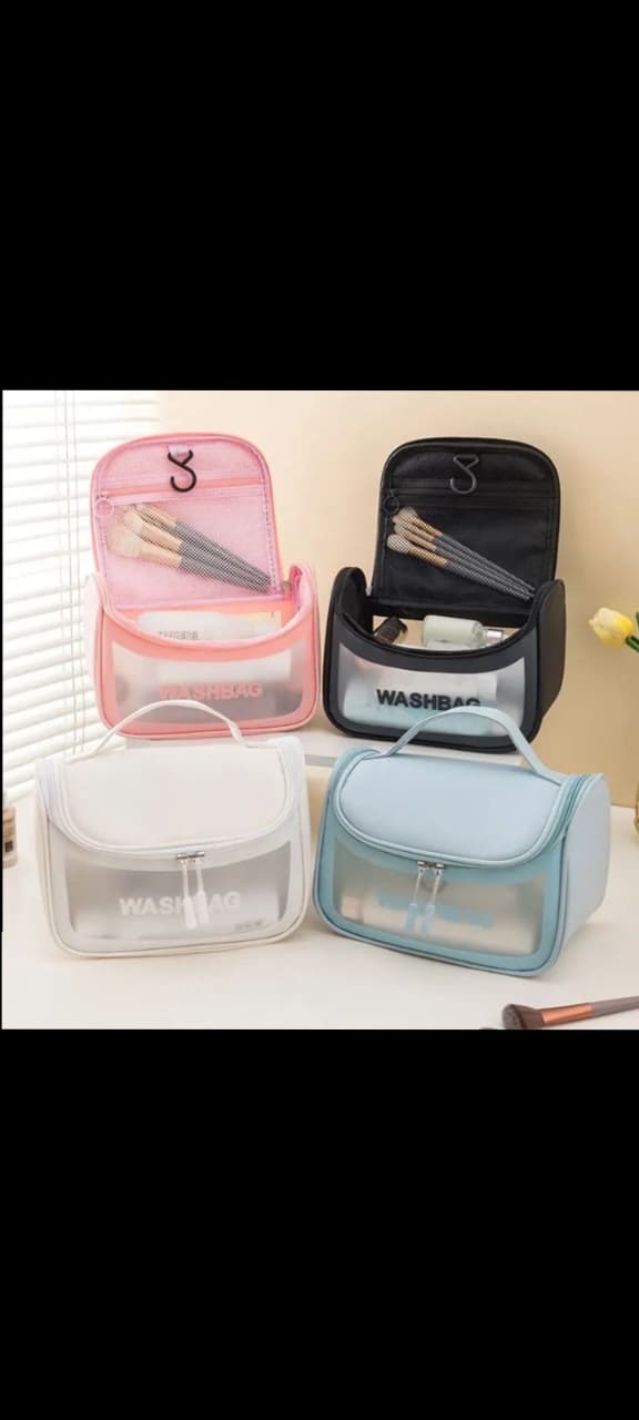 cosmetic or toiletry bags, often referred to as "wash bags" or "makeup pouches". 
These bags are designed for: 
Storage and Organization:
They provide a convenient way to store and organize toiletries