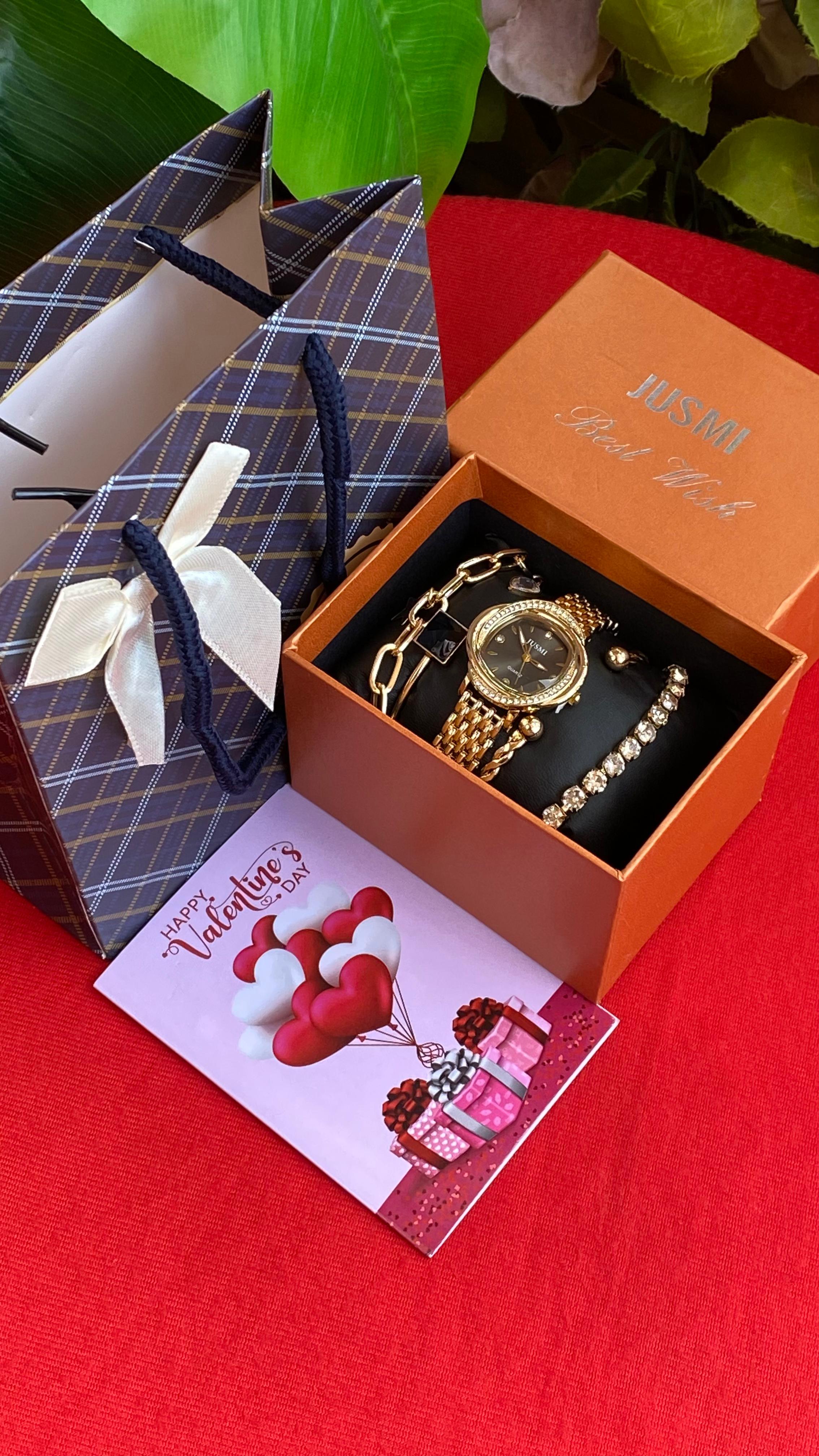 HOT VALENTINES LADIES GIFT SET 

💐Watch
💐Bracelets
💐Box
💐Card&Bag