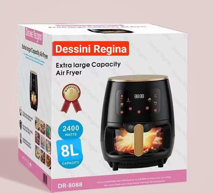 Dessini Regina 8L Air Fryer (Model DR-8088), a kitchen appliance designed for healthy, oil-free cooking. 
Capacity & Power: Features a large 8-liter capacity and operates at 2400 Watts. 
Technology: U