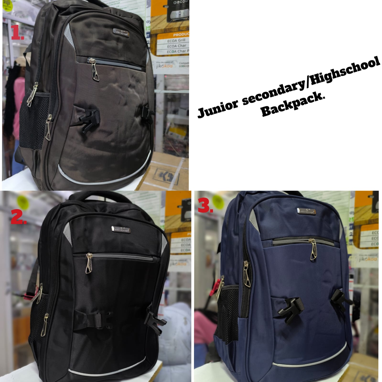 *New in* ‼️‼️ *quality large capacity backpack* .

Size : *42cm by 28cm*.

 

 *Perfect for grade 6-8/highschool students* .



 *Fit's a laptop perfectly*

 

 *Price* : *Discount



  *Colors as pos