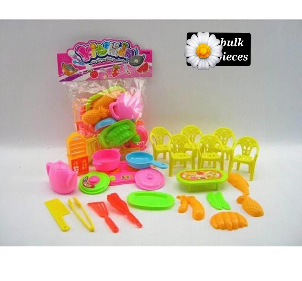Classic kids play set. Comes with a variety of toys to be used in the play kitchen, play living room . Are simple to handle and easy to clean.