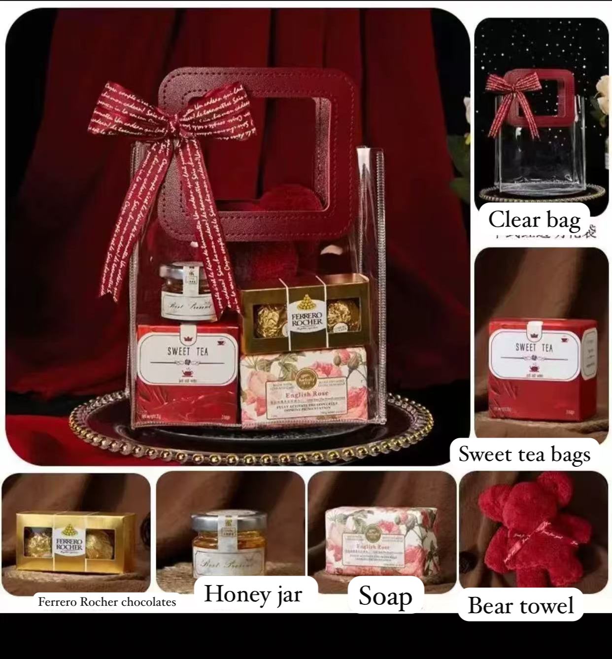 HOT VALENTINES LADIES GIFT SET 



🌹Honey Jar 🍯 

🌹*Ferrero Rocher chocolates*

🌹Bear towel(towel folded like a bear)

❤️‍🔥🌹Soap

❤️‍🔥Flavoured tea leaves 

🧧Card

🛍️2 Gift bags with Ribbon🎀