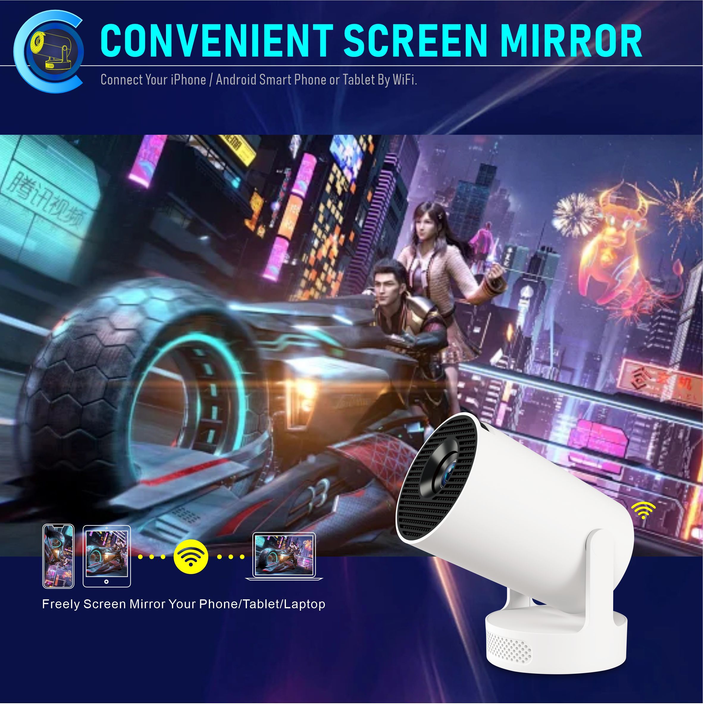 HY300 Ultra Mini Portable Android Projector Ultra-Compact Wireless Android Projector HD Smart Mini Projector with WiFi Bluetooth