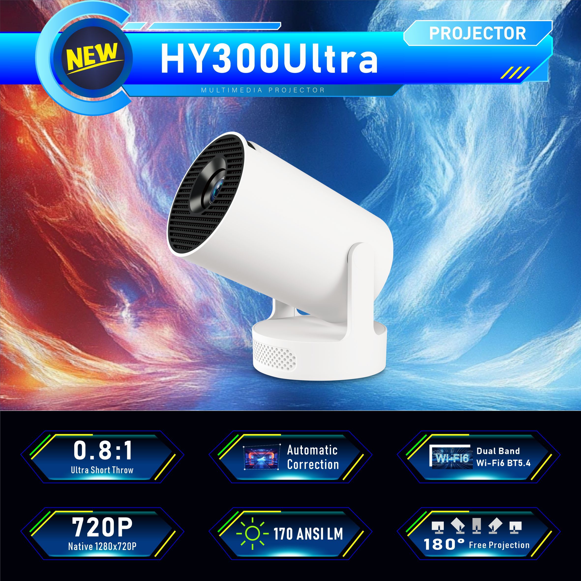 HY300 Ultra Mini Portable Android Projector Ultra-Compact Wireless Android Projector HD Smart Mini Projector with WiFi Bluetooth