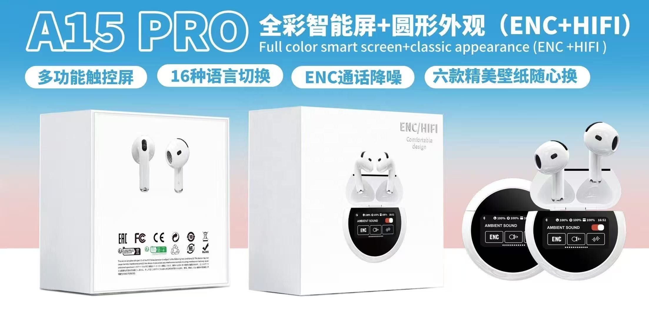 New Arrivals A15 Pro Touch Screen TWS Bluetooth Earpods Earphone Headphones Sport Earpods Wireless  Earbuds New A15 Pro Touch Screen Wireless In-Ear Earbuds LED Screen Display