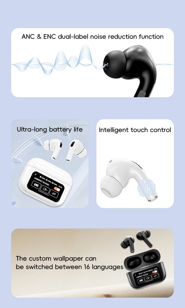 Wireless Earbuds Bluetooth 5.4 Earphones Touch Control LED Case for all Smartphones Cheap A9 Pro Wireless Earpods Quality Bass Active Noise Cancelling Earbuds and Unique Stylish LED Case