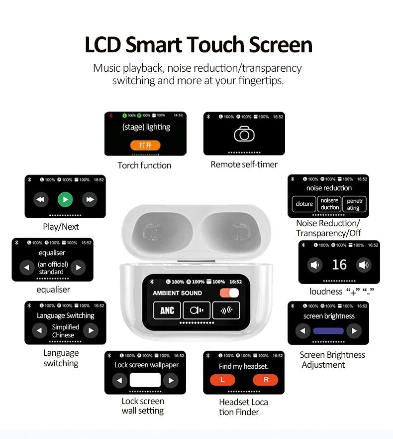 Wireless Earbuds Bluetooth 5.4 Earphones Touch Control LED Case for all Smartphones Cheap A9 Pro Wireless Earpods Quality Bass Active Noise Cancelling Earbuds and Unique Stylish LED Case