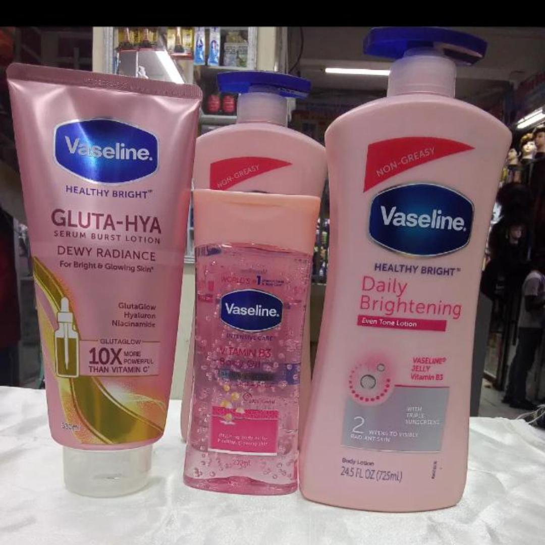 Vaseline 3 in 1 Brightening Package: Intensive Care Vitamin B3 Body Oil 200ML + Daily Brightening Even tone Lotion 400ML+ Gluta-Hya Dewy Radiance Serum Burst Lotion 330 ML