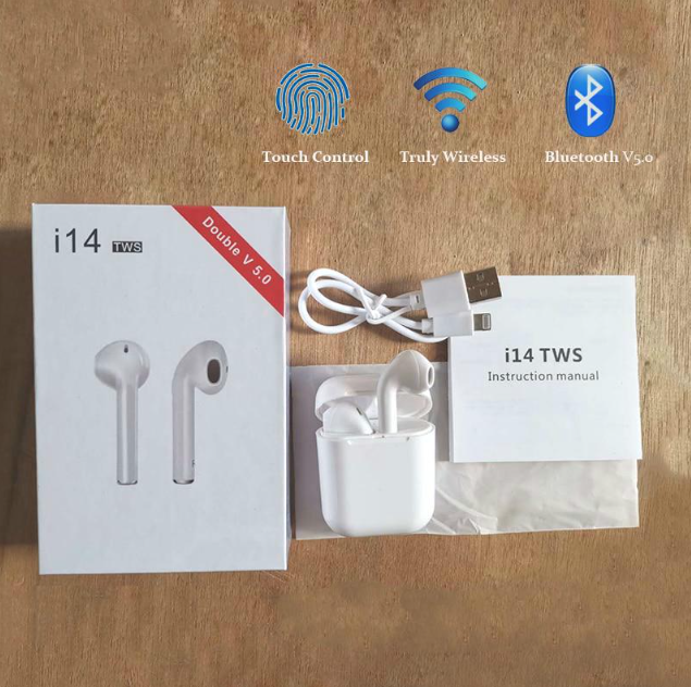 TWS Airpods Twins Bluetooth Earbuds Original I14 Airpods/Headphones/Earphones. Bluetooth V5.0 Earphone Touch Sensor True Stereo 10m Transmission Built in Mic Earbuds with Charging Case