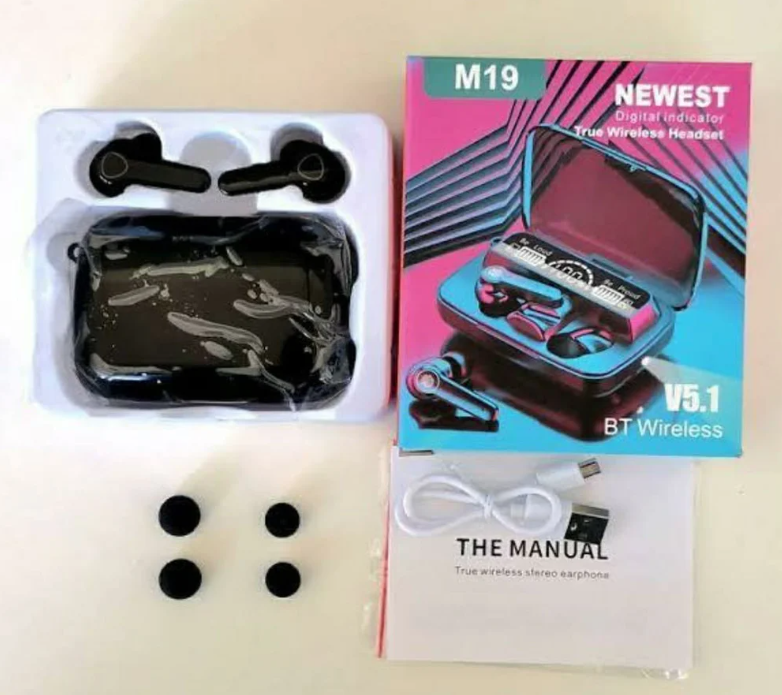 Earpods M19 Ear Buds Wireless Airpods M19 with Powerbank, Bluetooth 5.3 Headphones In Ear, Bluetooth Earphones with Built-in Microphone, Wireless Ear Buds, Bluetooth Earbuds with Mic