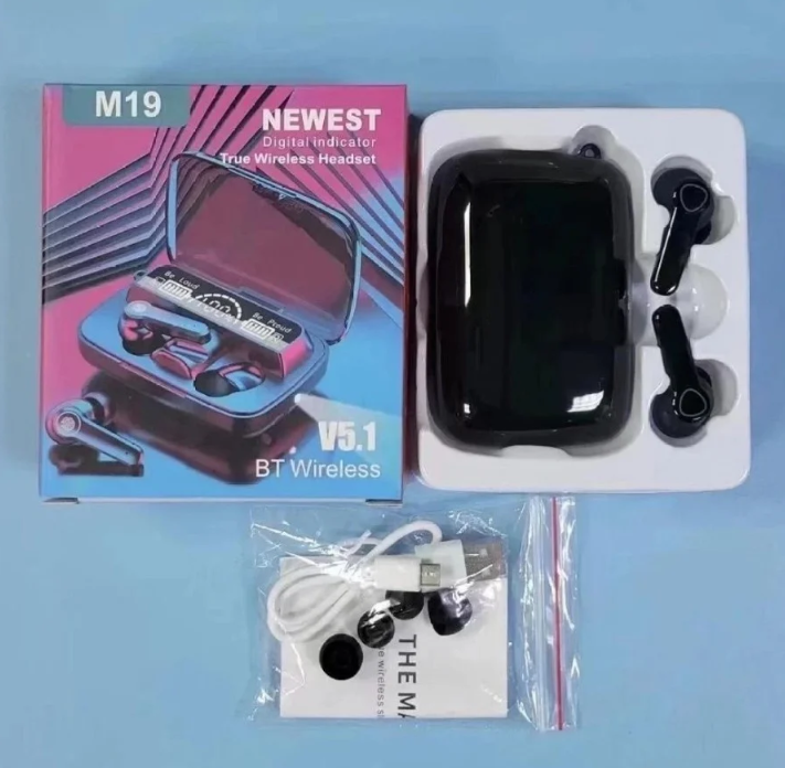 Earpods M19 Ear Buds Wireless Airpods M19 with Powerbank, Bluetooth 5.3 Headphones In Ear, Bluetooth Earphones with Built-in Microphone, Wireless Ear Buds, Bluetooth Earbuds with Mic