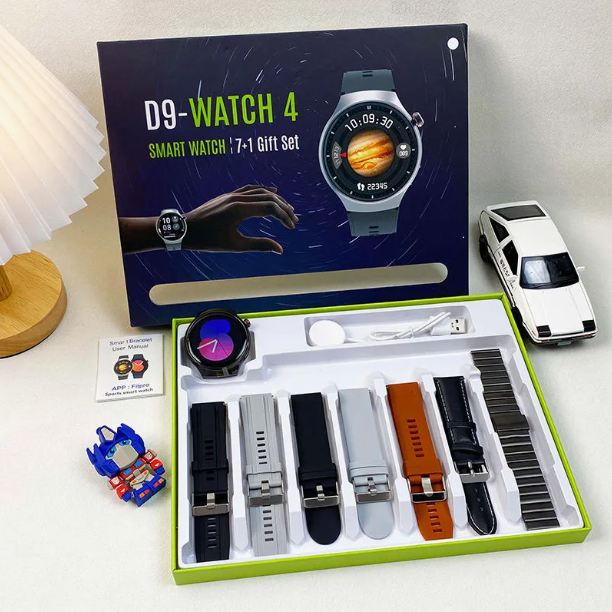 D9 - Watch 4 Smartwatch with 7 Straps waterproof round shape dial connected sport smartwatch with Voice Assistant, Bluetooth Calling, Sleep Monitoring & – Perfect Gift for Men & Women