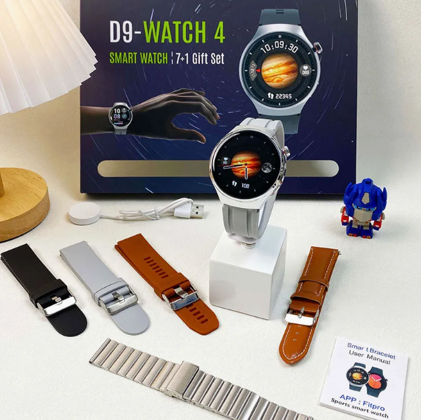 D9 - Watch 4 Smartwatch with 7 Straps waterproof round shape dial connected sport smartwatch with Voice Assistant, Bluetooth Calling, Sleep Monitoring & – Perfect Gift for Men & Women