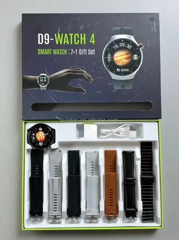 D9 - Watch 4 Smartwatch with 7 Straps waterproof round shape dial connected sport smartwatch with Voice Assistant, Bluetooth Calling, Sleep Monitoring & – Perfect Gift for Men & Women