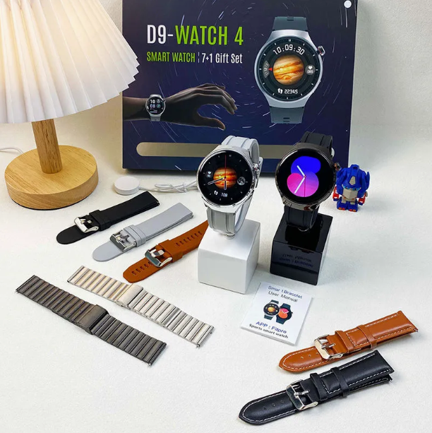 D9 - Watch 4 Smartwatch with 7 Straps waterproof round shape dial connected sport smartwatch with Voice Assistant, Bluetooth Calling, Sleep Monitoring & – Perfect Gift for Men & Women