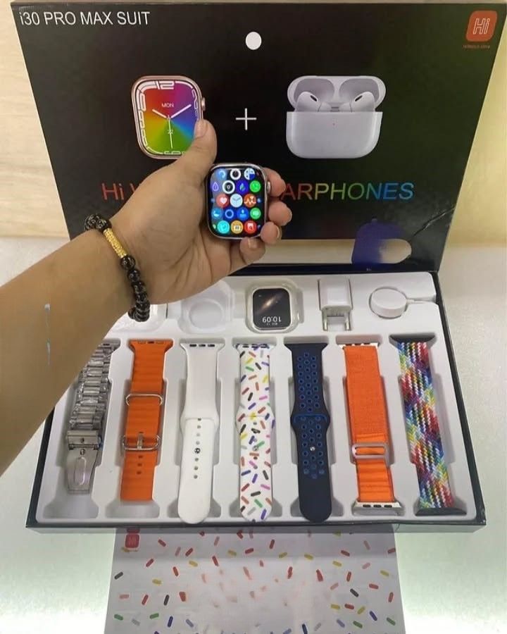 i30 PRO MAX Smart watch  Hi Watch 10 + Earphones 10 in 1 Set Ultra Smart watch with 7 interchangeable straps. Wireless charging smart watch with free Earbuds/Earpods/Airpods