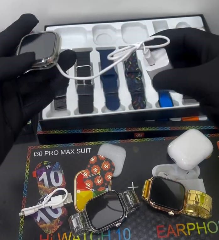 i30 PRO MAX Smart watch  Hi Watch 10 + Earphones 10 in 1 Set Ultra Smart watch with 7 interchangeable straps. Wireless charging smart watch with free Earbuds/Earpods/Airpods