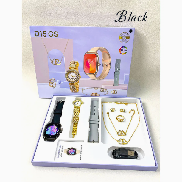 Fasion Smartwatch D15 New Women's Gift Box Luxury Bracelet, Necklace, Earrings, Analog watch, Bluetooth Smart Watch Gift Box with exquisite jewelry