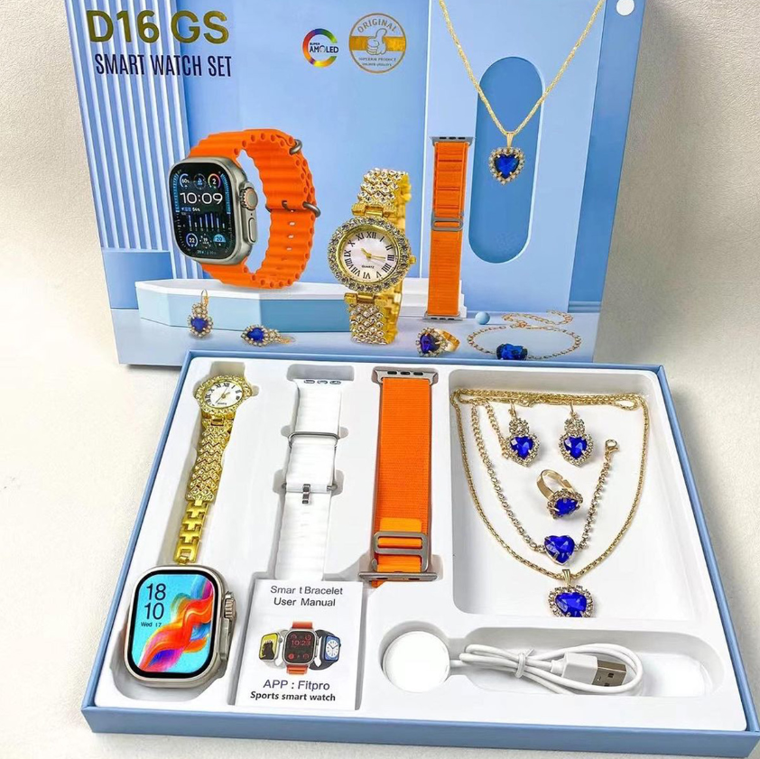 Fashion Smartwatch D16 New Smart Watch Women's Gift Box Luxury Bracelet, Necklace, Earrings, Analog watch, Bluetooth Smart Watch Gift Box with exquisite jewelry