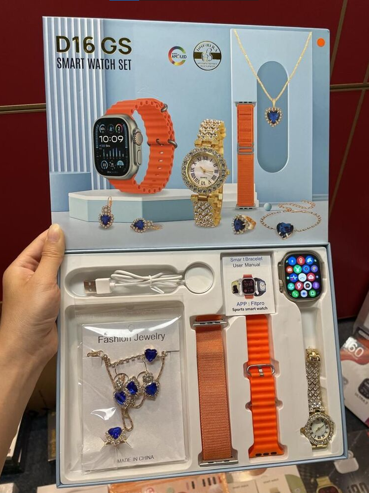 Fashion Smartwatch D16 New Smart Watch Women's Gift Box Luxury Bracelet, Necklace, Earrings, Analog watch, Bluetooth Smart Watch Gift Box with exquisite jewelry