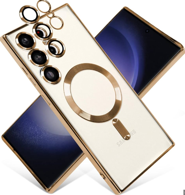 Cover for Galaxy S25 Ultra Case,Electroplated Clear Slim Samsung S25 Ultra Phone Case with Camera Protection,Shockproof Samsung S25 Ultra Case Compatible with MagSafe, Gold Edge