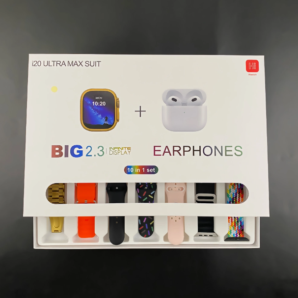 Smartwatch with free airpods pro 2 and 7 extra straps I20 Ultra MAX Suit 10 in 1 Set BT Calling Smart Watch with AMOLED Display & Activity, Health Tracker for Men & Women supports Android and iPhone.
