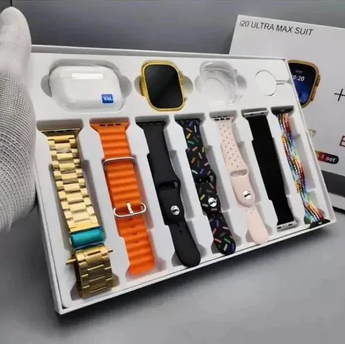 Smartwatch with free airpods pro 2 and 7 extra straps I20 Ultra MAX Suit 10 in 1 Set BT Calling Smart Watch with AMOLED Display & Activity, Health Tracker for Men & Women supports Android and iPhone.