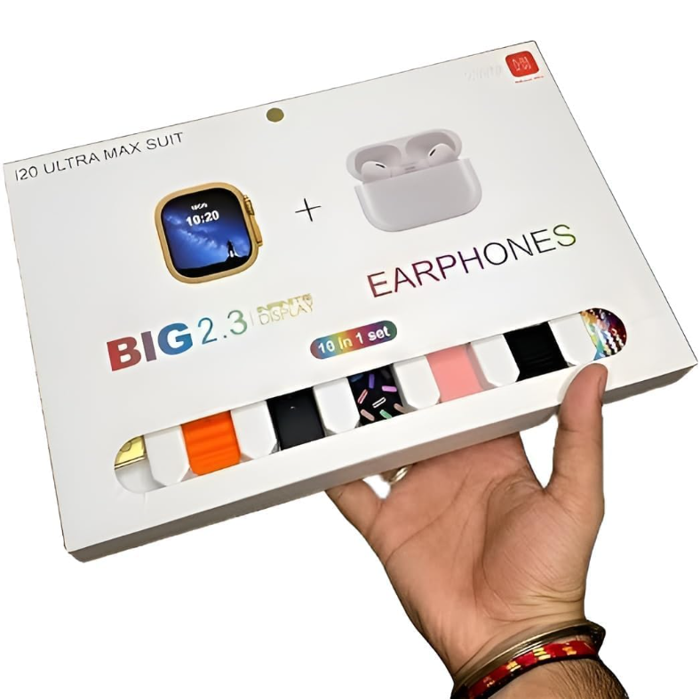 Smartwatch with free airpods pro 2 and 7 extra straps I20 Ultra MAX Suit 10 in 1 Set BT Calling Smart Watch with AMOLED Display & Activity, Health Tracker for Men & Women supports Android and iPhone.