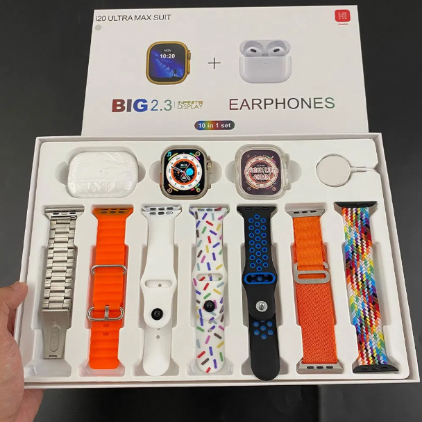 Smartwatch with free airpods pro 2 and 7 extra straps I20 Ultra MAX Suit 10 in 1 Set BT Calling Smart Watch with AMOLED Display & Activity, Health Tracker for Men & Women supports Android and iPhone.