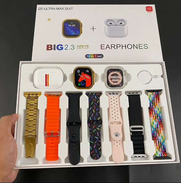 Smartwatch with free airpods pro 2 and 7 extra straps I20 Ultra MAX Suit 10 in 1 Set BT Calling Smart Watch with AMOLED Display & Activity, Health Tracker for Men & Women supports Android and iPhone.