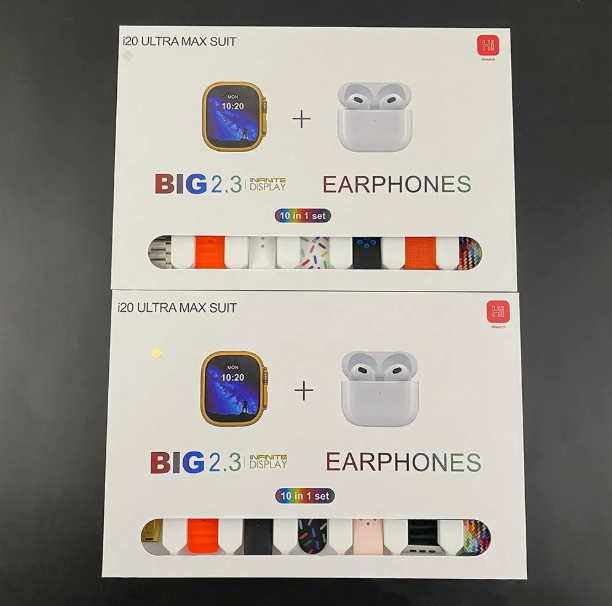 Smartwatch with free airpods pro 2 and 7 extra straps I20 Ultra MAX Suit 10 in 1 Set BT Calling Smart Watch with AMOLED Display & Activity, Health Tracker for Men & Women supports Android and iPhone.