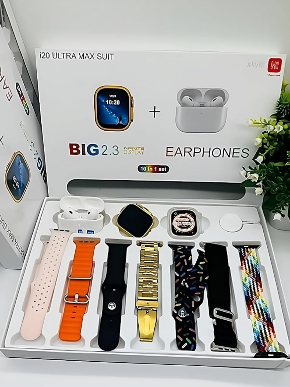 Smartwatch with free airpods pro 2 and 7 extra straps I20 Ultra MAX Suit 10 in 1 Set BT Calling Smart Watch with AMOLED Display & Activity, Health Tracker for Men & Women supports Android and iPhone.
