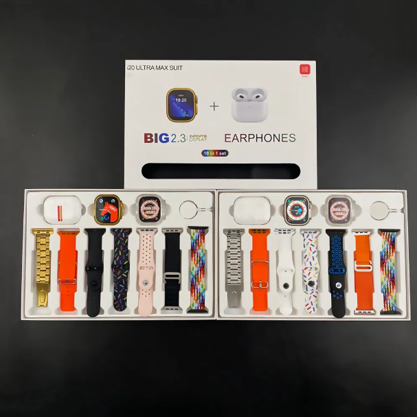 Smartwatch with free airpods pro 2 and 7 extra straps I20 Ultra MAX Suit 10 in 1 Set BT Calling Smart Watch with AMOLED Display & Activity, Health Tracker for Men & Women supports Android and iPhone.