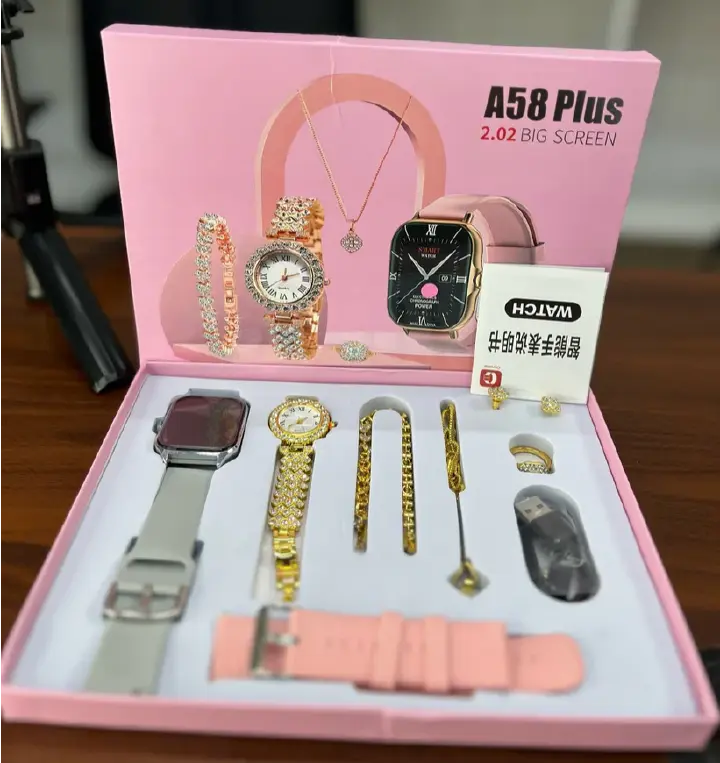 Smart Watch A58 Plus Series Supports Bluetooth Call Ultra, wireless charging,  Long Endurance Sleep Monitoring + Additional Women's Diamond Set Small Gold Watch Set Gift Box, Necklace, Earrings, Brace