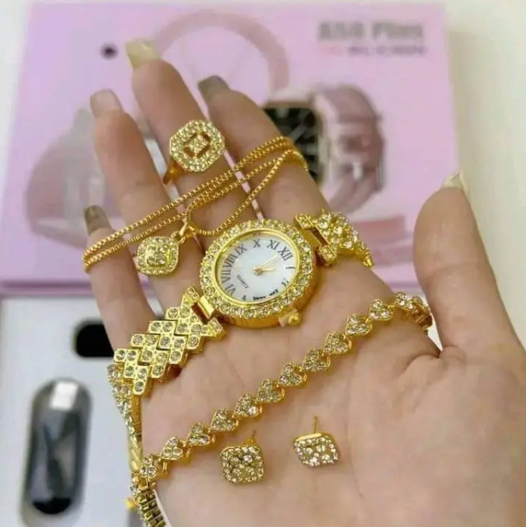 Smart Watch A58 Plus Series Supports Bluetooth Call Ultra, wireless charging,  Long Endurance Sleep Monitoring + Additional Women's Diamond Set Small Gold Watch Set Gift Box, Necklace, Earrings, Brace
