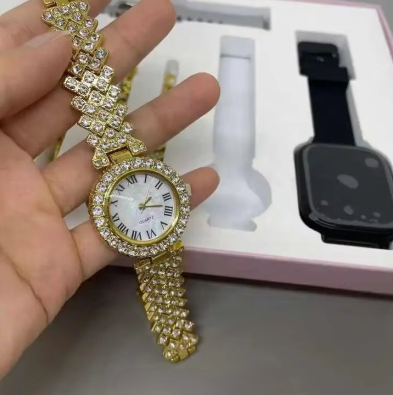 Smart Watch A58 Plus Series Supports Bluetooth Call Ultra, wireless charging,  Long Endurance Sleep Monitoring + Additional Women's Diamond Set Small Gold Watch Set Gift Box, Necklace, Earrings, Brace