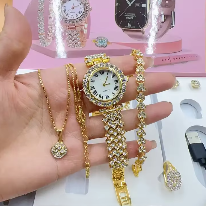 Smart Watch A58 Plus Series Supports Bluetooth Call Ultra, wireless charging,  Long Endurance Sleep Monitoring + Additional Women's Diamond Set Small Gold Watch Set Gift Box, Necklace, Earrings, Brace
