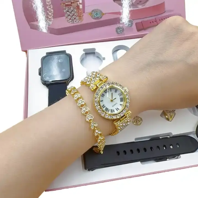 Smart Watch A58 Plus Series Supports Bluetooth Call Ultra, wireless charging,  Long Endurance Sleep Monitoring + Additional Women's Diamond Set Small Gold Watch Set Gift Box, Necklace, Earrings, Brace
