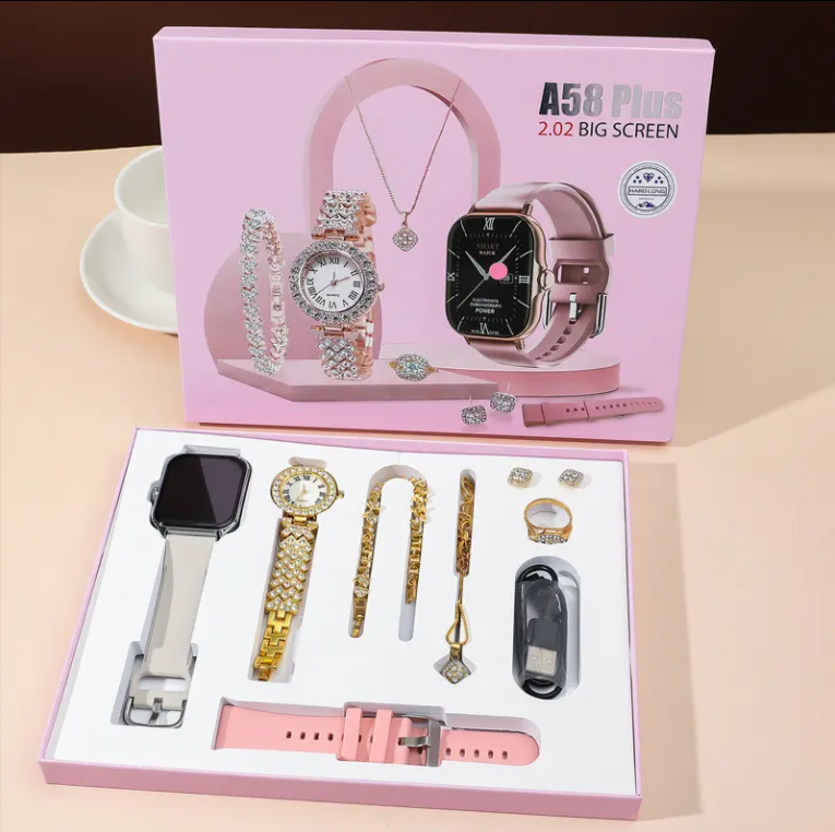 Smart Watch A58 Plus Series Supports Bluetooth Call Ultra, wireless charging,  Long Endurance Sleep Monitoring + Additional Women's Diamond Set Small Gold Watch Set Gift Box, Necklace, Earrings, Brace
