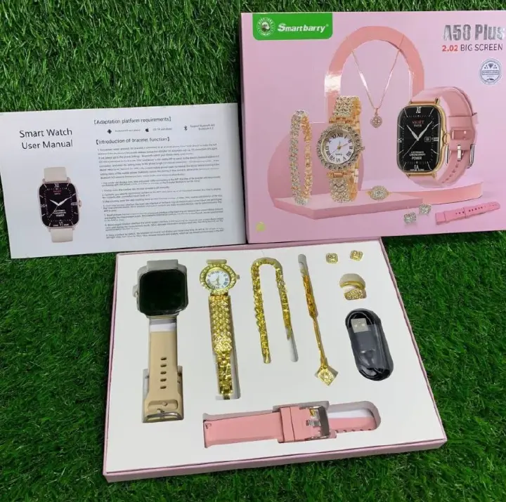 Smart Watch A58 Plus Series Supports Bluetooth Call Ultra, wireless charging,  Long Endurance Sleep Monitoring + Additional Women's Diamond Set Small Gold Watch Set Gift Box, Necklace, Earrings, Brace