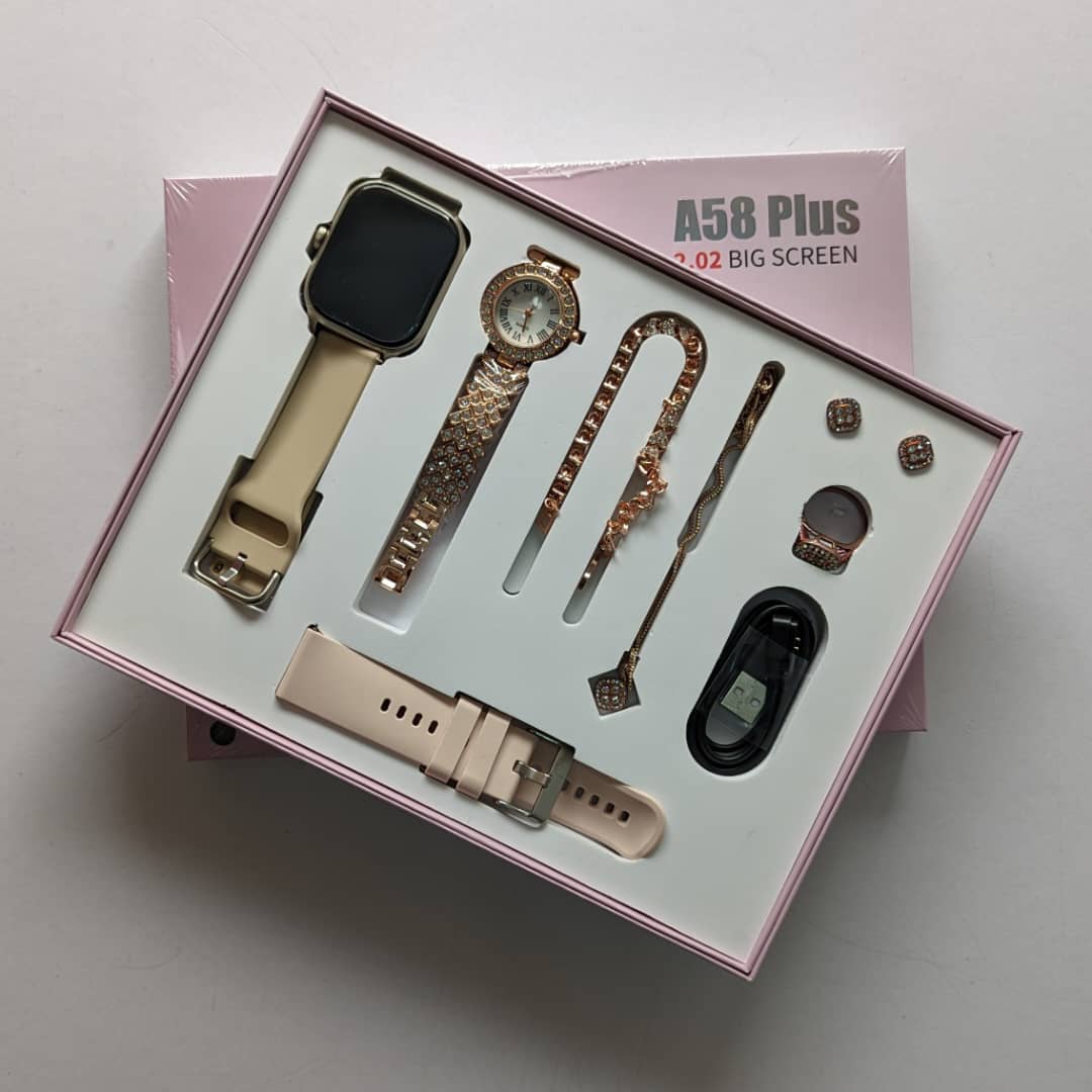 Smart Watch A58 Plus Series Supports Bluetooth Call Ultra, wireless charging,  Long Endurance Sleep Monitoring + Additional Women's Diamond Set Small Gold Watch Set Gift Box, Necklace, Earrings, Brace
