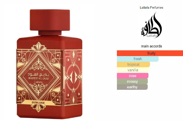 Badee Bade'e Al Oud Sublime by Lattafa Woody Aromatic fragrance for women and men Top notes are Apple, Litchi and Rose; middle notes are Plum and Jasmine; base notes are Vanilla, Moss and Patchouli